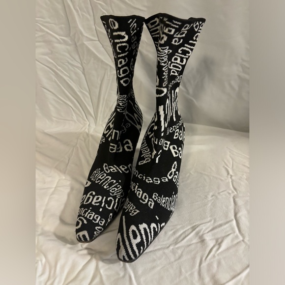 Black Balenciaga Sock Boots with Brand Name in White - Picture 3 of 7